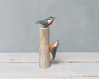 Red Breasted Nuthatch - Pair - Hand Carved Wooden Bird- 10"H