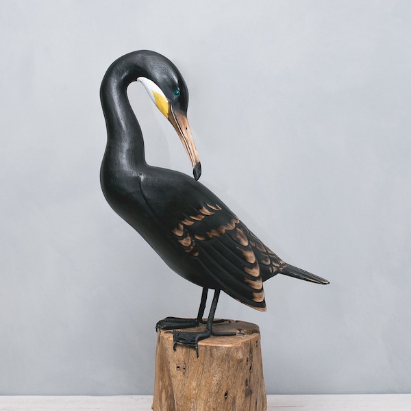 Cormorán de madera tallado a mano – Torneado / Escultura de ave costera / Decoración costera / Regalo para amantes de las aves