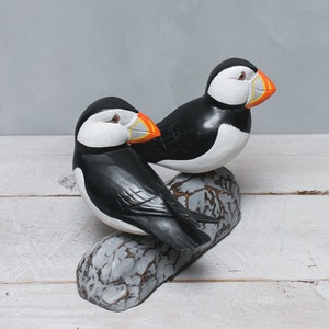 Puffin on Rock - Pair - Hand Carved Wooden Bird