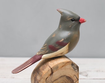 Hand Carved Wooden Cardinal Sculpture – Female | 7"H | Wooden Bird Art | Nature Lover Gift | Bird Decor