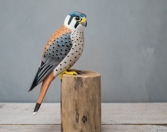 Hand Carved Wooden Kestrel – 10.5"H | Raptor Sculpture | Birder Gift | Nature Decor