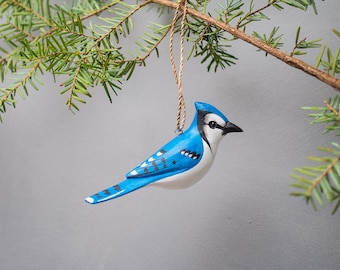 Bluejay Ornament - Hand Carved Wooden Birds - 2.5"H
