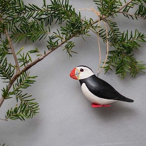 Puffin Ornament - Hand Carved Hanging Wooden Bird - 3&quot;H