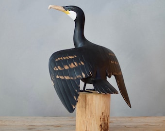 Cormorán, tomando el sol - Mediano - 30 cm de alto - Ave de madera tallada a mano