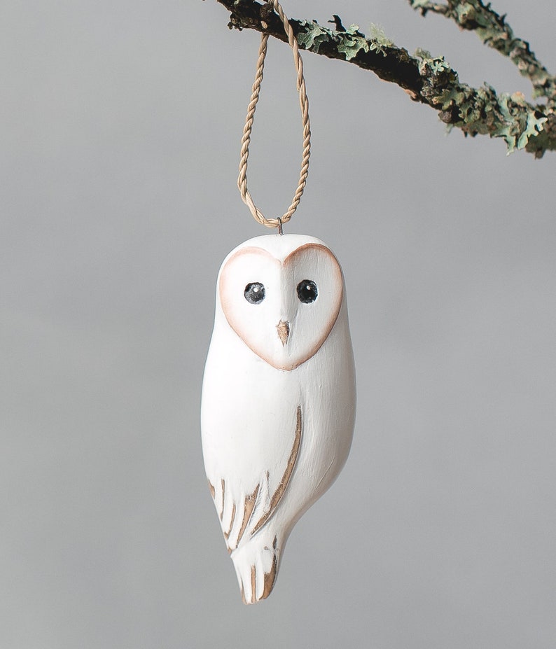 Barn Owl Ornament 4H Hand Carved Wooden Birds image 1