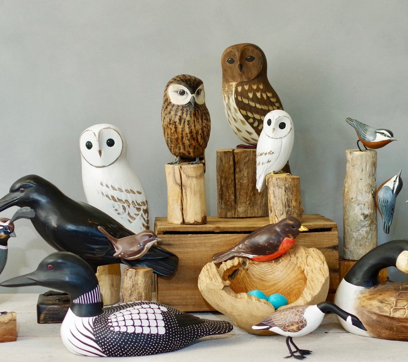 May include: A collection of hand-carved wooden bird figurines, including owls, a robin, a loon, and a variety of songbirds. The figurines are painted in realistic colors and feature intricate details. The birds are displayed on a wooden shelf with a variety of natural elements, including branches, leaves, and stones.