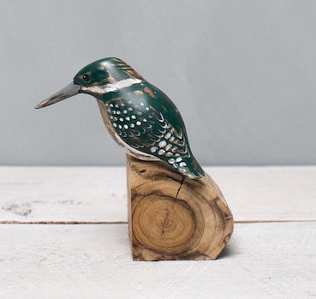 Hand Carved Wooden Green Kingfisher – 7.5