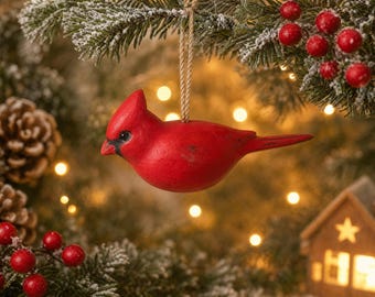 May include: A bright red cardinal bird ornament with a black face mask and a pointed crest, suspended by a natural jute twine loop. The bird has a smooth, matte finish and is positioned horizontally, facing left, ready for hanging on a tree.