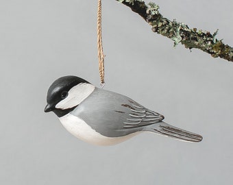 Chickadee Ornament - Hand Carved Wooden Birds - 2.5"L