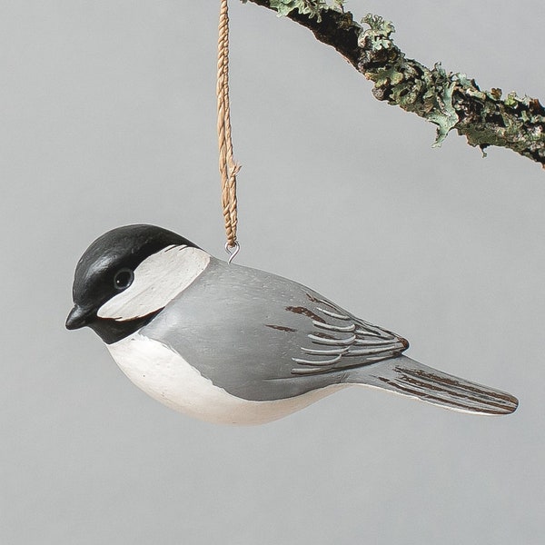 Chickadee Ornament - Hand Carved Wooden Birds - 2.5"L