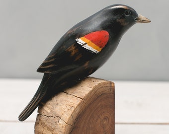 Red Winged Blackbird - Hand Carved Wooden Bird