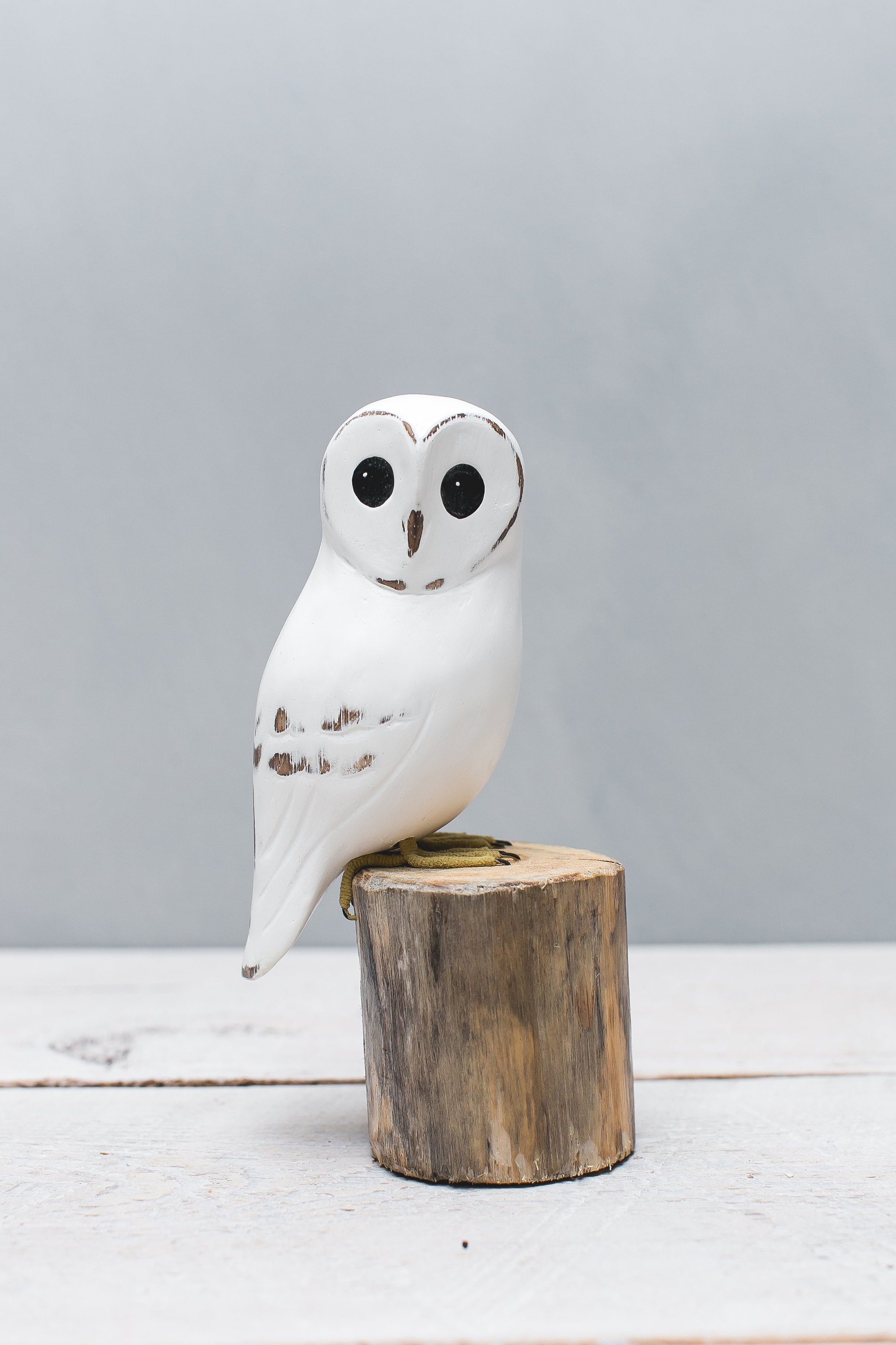 Hand carved owl figurine wooden owl sculpture snow owl statue