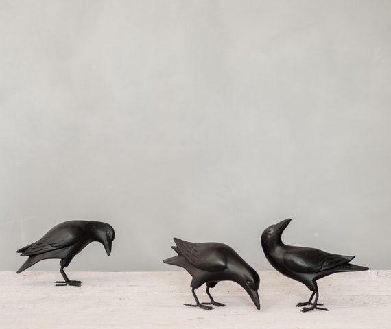 Hand Carved Wooden Mini Crow Set – 3 | 3.5"H | Black Bird Sculpture | Corvid Decor | Halloween Decor