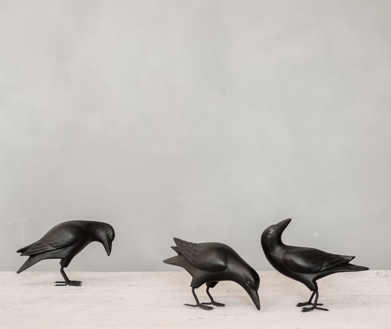 Mini Crow 3pc Set 3H Hand Carved Wooden Bird image 1