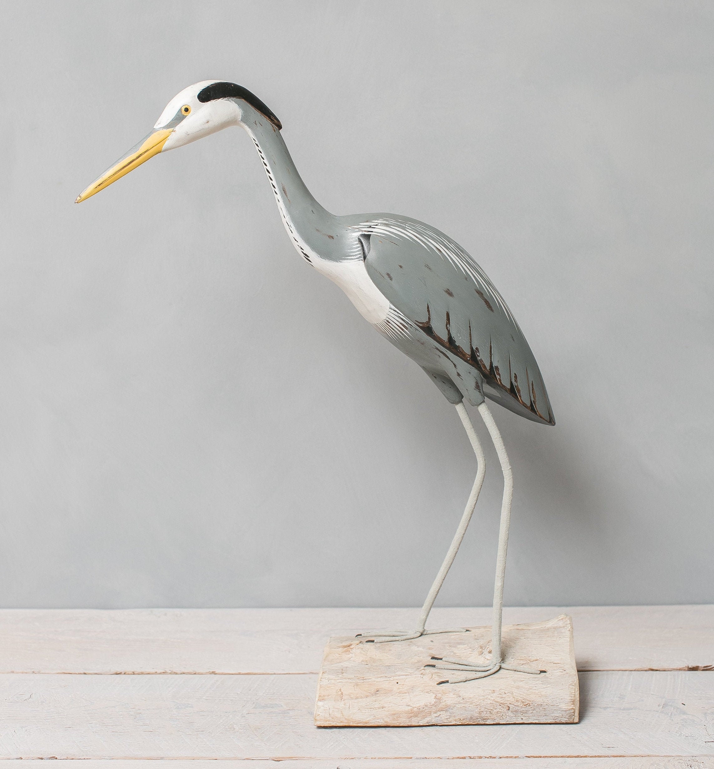 Hand Carved Wood and Metal White Egret Bird Statue 21 Inches High