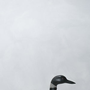 May include: A black and white wooden loon figurine with a red eye. The loon is sitting on a white surface.