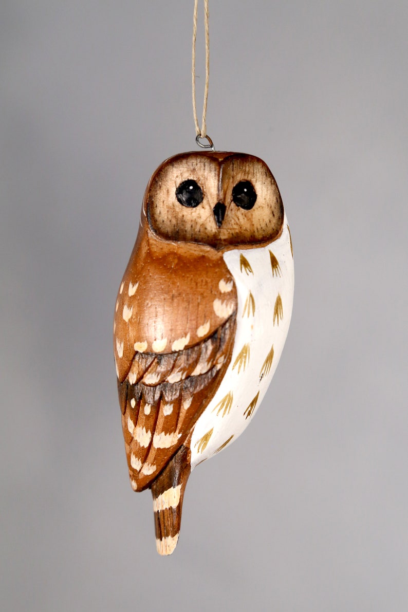 Barn Owl Ornament 4H Hand Carved Wooden Birds image 4