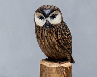 Hand Carved Wooden Saw-Whet Owl – 9"H | Owl Sculpture | Woodland Decor | Rustic Nature Art