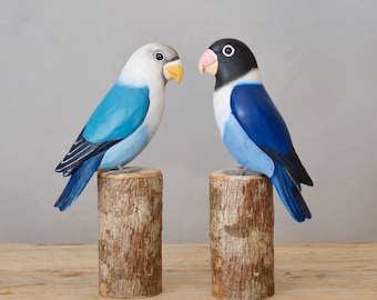 Hand Carved Wooden Lovebirds – Pair Blue | 8