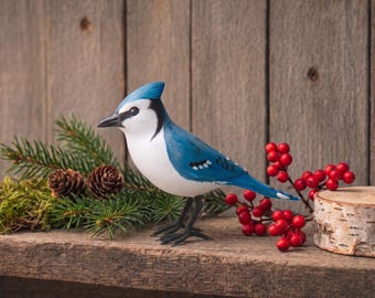 Hand Carved Wooden Mini Blue Jay – 3.25"H | Small Bird Sculpture | Bird Lover Gift | Nature Decor