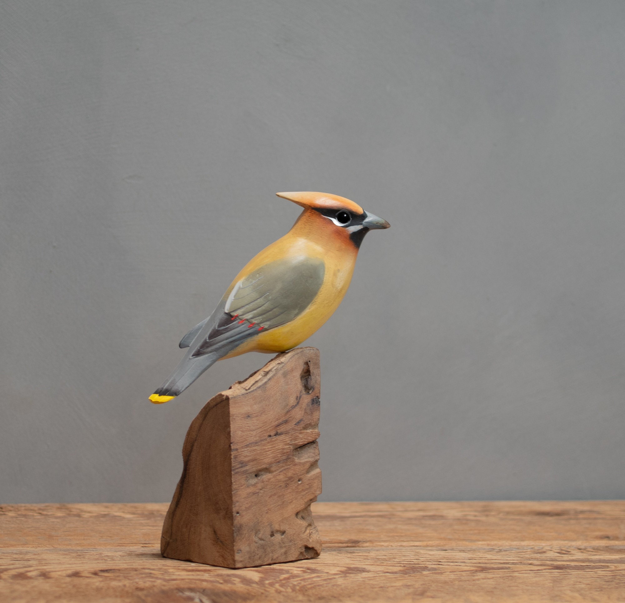 Hand Carved Wooden Cedar Waxwing Sculpture – Wildlife Art Bird