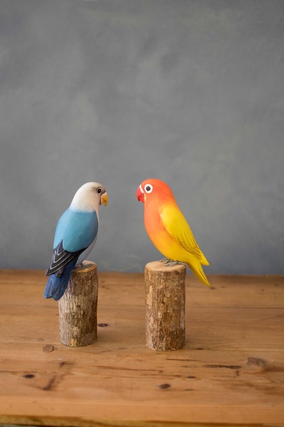 Hand Carved Wooden Lovebird – White Head / Light Blue | 8