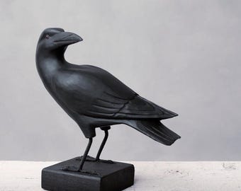 Hand Carved Wooden Crow Sculpture, Turned - 9"H | Black Crow Decor | Corvid Art | Rustic Home Accent