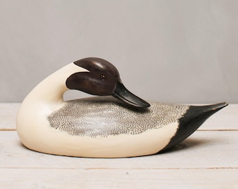 Pato rabudo tallado a mano - 35,5 cm de largo - Señuelo - Escultura de pájaro de madera, decoración costera