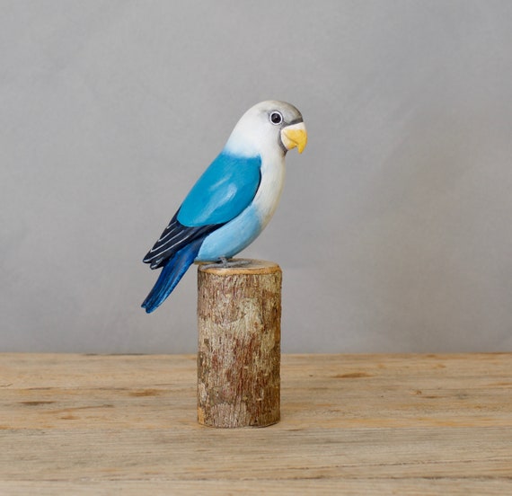 Hand Carved Wooden Lovebird – White Head / Light Blue | 8