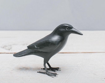 Hand Carved Wooden Crow Sculpture – 4"H-Mini Black Bird Figurine - Straight