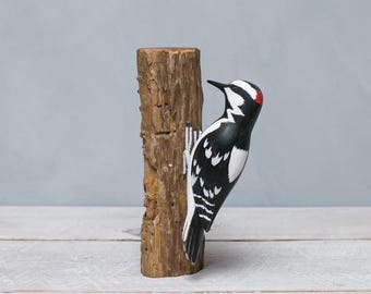 Hand Carved Wooden Downy Woodpecker – 9.5"H | Woodpecker Sculpture | Birder Gift | Nature Decor
