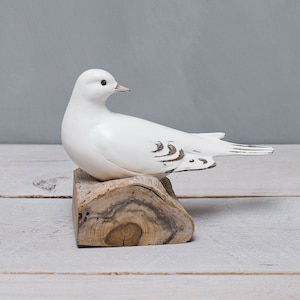 White Dove, Resting - Hand Carved Wooden Bird