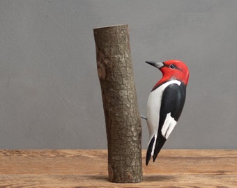 Mini Redheaded Woodpecker - 4.5"H - Hand Carved Wooden Bird