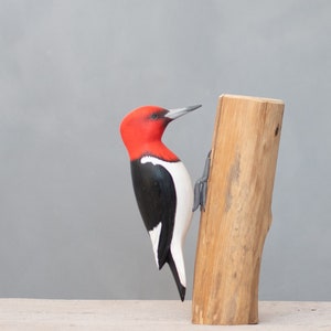 Red Headed Woodpecker - 9&quot;H - Hand Carved Wooden Bird