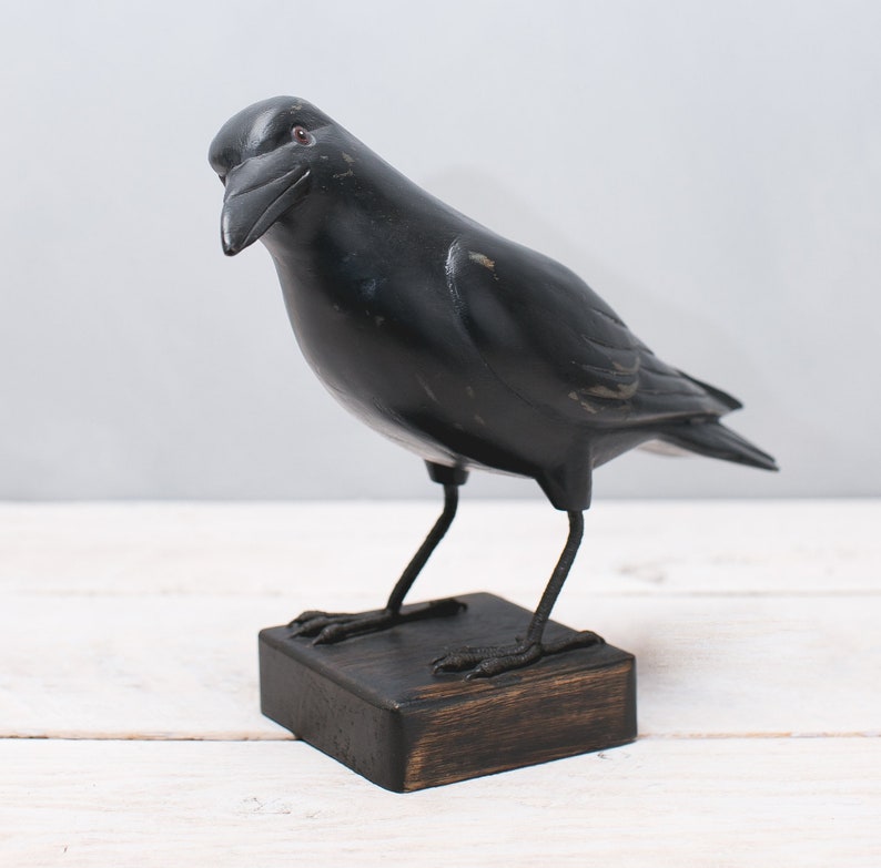 Mini Crow 3pc Set 3H Hand Carved Wooden Bird image 5