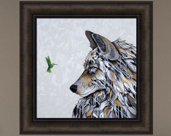 May include: A painting of a wolf's head with a hummingbird flying in front of it. The wolf is depicted in a stylised, almost abstract way, with its fur rendered in shades of grey, white, and gold. The hummingbird is green and red, with a long, thin beak.