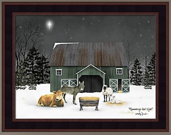 Remembering The Night by Billy Jacobs 16x20 Christmas Manger Jesus Donkey Sheep Lamb Cow Framed Picture Home Cabin Decor