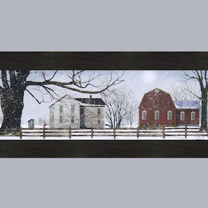 May include: A snowy winter scene with a white farmhouse and a red barn. The farmhouse has a porch and a chimney. The barn has a large door and a window. There is a fence in the foreground and a tree in the background. The sky is blue and there are snowflakes falling.