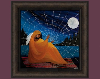 Weaves The Web by Betty Albert 18x18 Native American Indian Woman Feathers Colorful Spider Web Full Moon Framed Art Print Picture