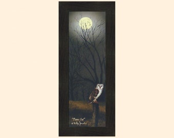 Barn Owl by Billy Jacobs 12x28 Midnight Night Time Full Moon Fence Post Autumn Fall Season Framed Folk Art Print Picture Home Cabin Decor