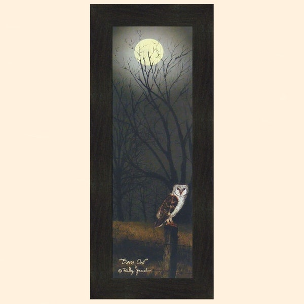 Barn Owl by Billy Jacobs 12x28 Midnight Night Time Full Moon Fence Post Autumn Fall Season Framed Folk Art Print Picture Home Cabin Decor