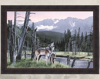 Wolf and Pup by Kevin Daniel 29x41 Wolf Howling River Mountains Wildlife Framed Art Print Wall Décor Picture