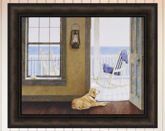 Looking Over The Sea by Zhen-Huan Lu 20x24 Yellow Lab Dog Rocking Chair Ocean Rustic Doorway Porch Framed Art Print Picture