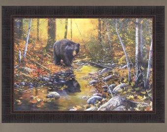 Last Days of Autumn by Jim Hansel 24x33 Black Bear Fall Leaves Colors Stream Creek Framed Art Print Picture HomeCabinDecor