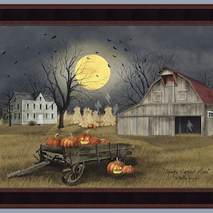 May include: A spooky harvest moon shines over a farmhouse and barn with a wagon full of jack-o'-lanterns. The scene is painted in a rustic style with a dark blue sky and a yellow moon. The text "Spooky Harvest Moon" is written in the bottom right corner.