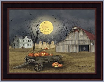 Spooky Harvest Moon by Billy Jacobs 16x20 Bat Ghost Wagon Jack Lantern Pumpkin Barn Moon Autumn Fall Framed Art Picture Home Cabin Decor