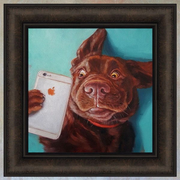 Dog Selfie by Lucia Heffernan 16x16 Chocolate Lab Labrador Retriever Apple Cell Phone Humorous Framed Art Print Wall Décor Picture