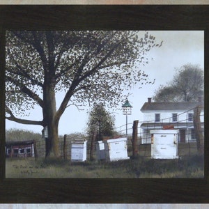 May include: A painting of a white farmhouse with a green roof and a birdhouse on a pole in front of it. There are several white beehives in front of the house, and a large tree to the left. The painting is titled "The Birds and the Bees" by Holly Hobbie.