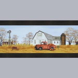 May include: A framed painting of a red pickup truck filled with pumpkins in front of a white farmhouse with a silo and a windmill. The painting is titled "Autumn on the Farm".