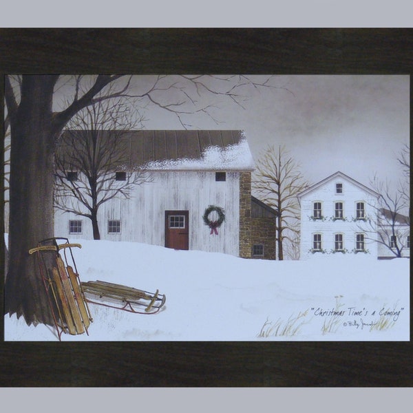 Christmas Time's A Coming by Billy Jacobs 16x22 Winter Snow Sled Barn Farm Holiday Season Art Framed Picture Home Cabin Decor